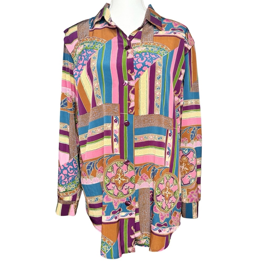 Vintage 90s Abstract Geometric Patchwork Button Down Blouse Large